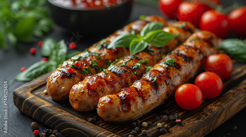 Classic boiled meat pork sausages on chopping board with pepper and basil and cherry tomatoes on wooden background. Snack for kids