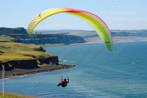 a man floating in the air on a paraglider, symbolizing freedom and the rush of adrenaline from soaring over the landscapes.