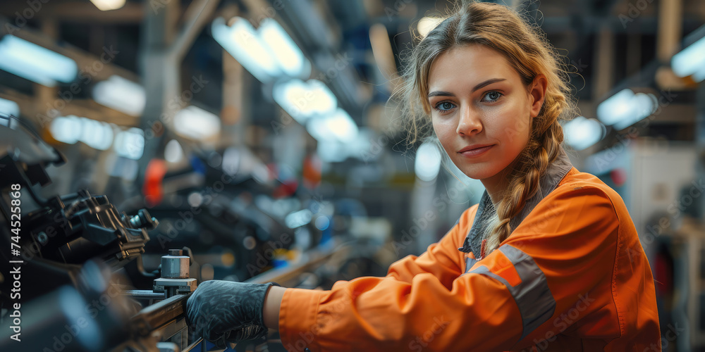 A confident female mechanic in an orange jumpsuit works on machinery in an industrial factory.