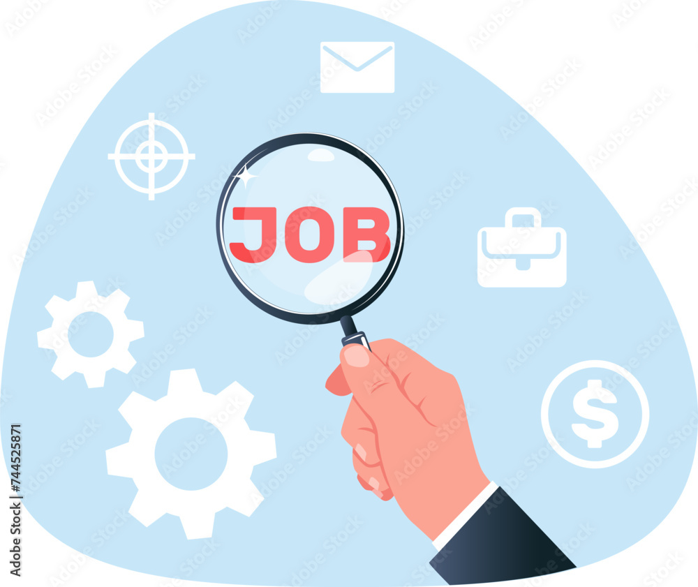 Concept of looking for job, hand with magnifying glass looking at word job. Stock vector illustration
Concept of looking for job, hand with magnifying glass looking at word job. Stock vector illustration