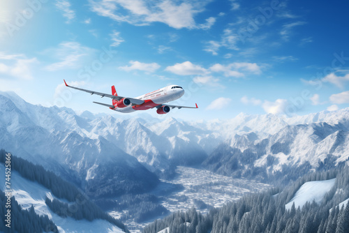 Travel to winter ski resort by plane, concept, panoramic view, generated by AI