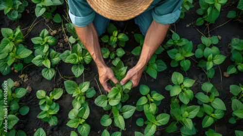Top view of a gardener tending to young soybean plants in a lush field, wearing a straw hat.