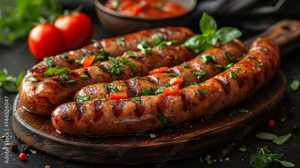 Classic boiled meat pork sausages on chopping board with pepper and basil and cherry tomatoes on wooden background. Snack for kids Classic boiled meat pork sausages on chopping board with pepper and basil and cherry tomatoes on wooden background. Snack for kids