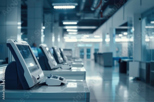 Airport self-service check-in kiosks with digital interface in a contemporary setting.