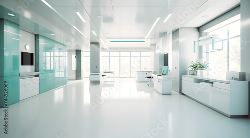 Modern rendering of a healthcare project for medical, dental, and radiology hospital, featuring a scheme of crisp, light white colors with accents in soft turquoise. The designs incorporate elegant.