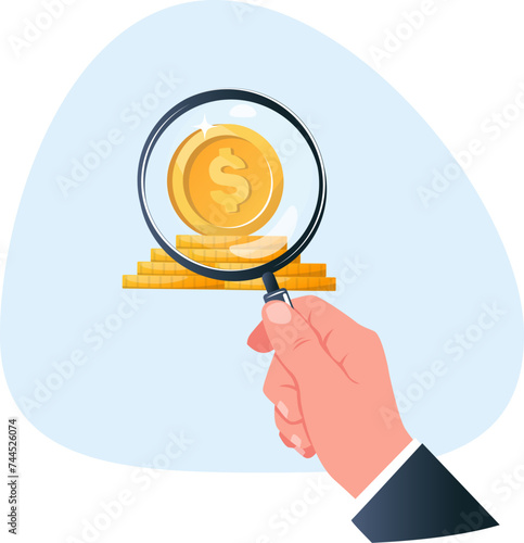 Hand with magnifying glass examines gold coins, concept of finding money, making money. Stock vector illustration