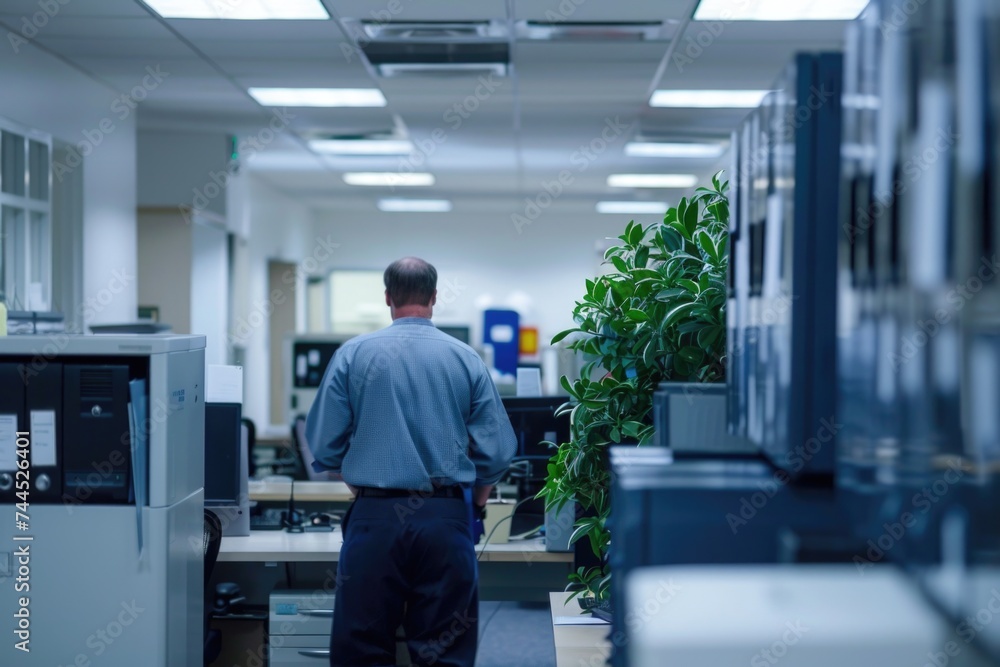 Male office worker standing and monitoring computer screens in a tech lab environment. Male office worker standing and monitoring computer screens in a tech lab environment.