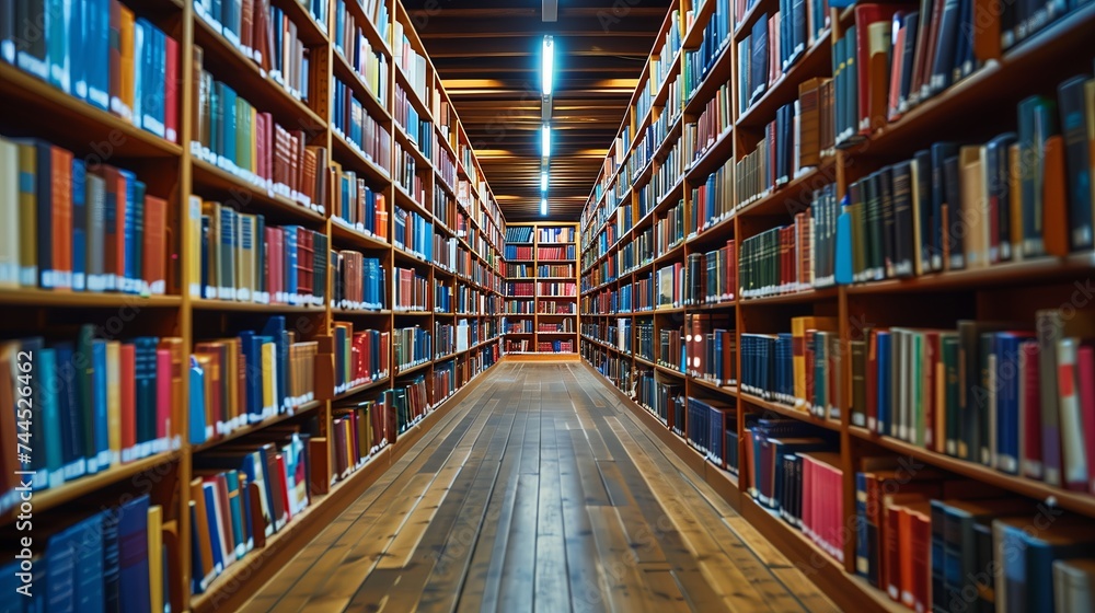 Modern Library, rows of books at a library, Bookshelves in the library. Large bookcase with lots of books.