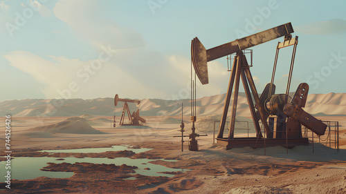 Multiple oil pumpjacks stand in a desert, captured during the golden hour with warm sunlight bathing the scene. 