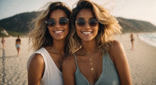 Female friends smiling wearing sunglasses, at beach vacation © MochSjamsul