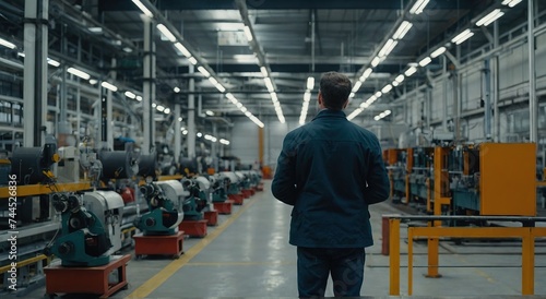 Back view man in a modern factory with a tablet in his hands