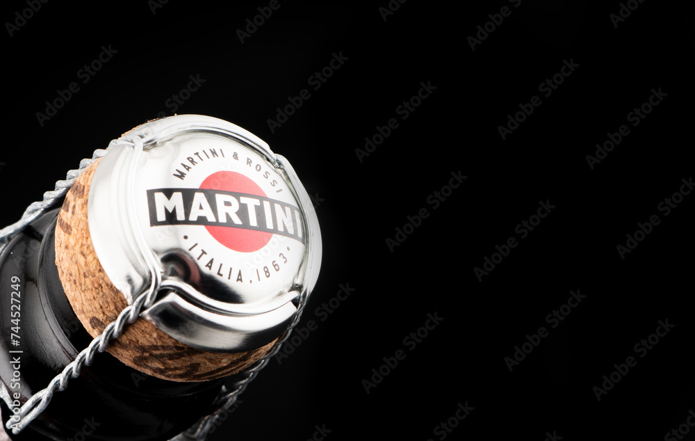 Yerevan, Armenia, February 20, 2024 A bottle of Martini Asti with focus on cap. Martini logo