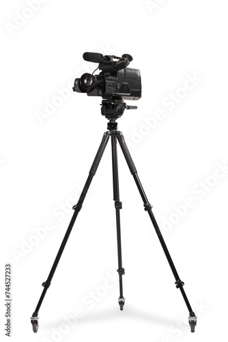 Studio shot of a video camera on a tripod stand