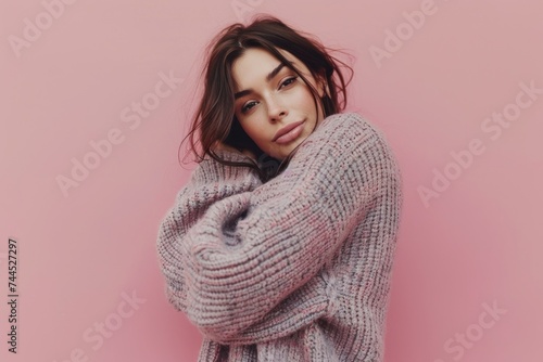 Young beautiful brunette woman in casual sweater stands against pink background, emotional kiss picture © Ingenious Buddy 