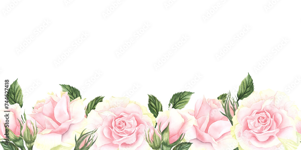 Floral watercolor seamless border illustration. Botanical composition of roses for a wedding or greeting card. Hand drawn isolated on white background.