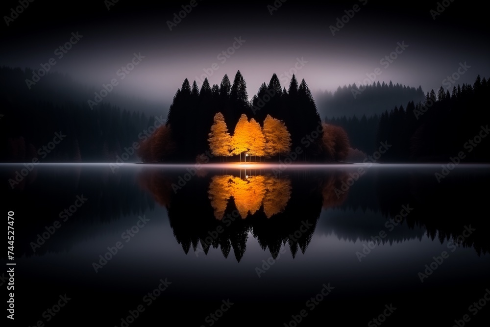 A serene and picturesque view of a misty lake enveloped by the soft light of dawn or twilight. At the heart of the scene is a small islet of trees, their autumn leaves glowing with a golden hue - obrazy, fototapety, plakaty 