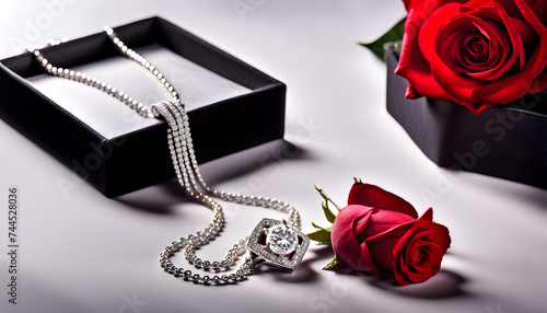 Black diamond jewelry fine velour kit box with fresh red roses around photo