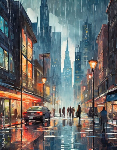 A digital art of a Urban cityscape with bustling street life at rain in flat art design