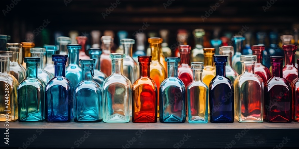 Arrangement of Multiple Glass Bottles in a Background Setting. Concept Glass Bottles, Arrangement Concept, Background Setting, Creative Styling Arrangement of Multiple Glass Bottles in a Background Setting. Concept Glass Bottles, Arrangement Concept, Background Setting, Creative Styling