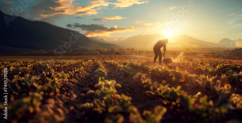a dedication of a farmer tending to crops in a sunlit field, cultivating the land and ensuring a bountiful harvest realistic photography High-resolution 