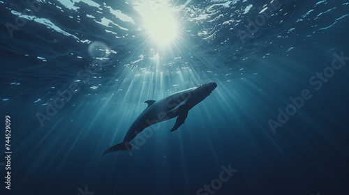 Ocean Serenity: Underwater Grace of a Lone Whale Gliding through Sunbeam-Filled Depths © AIRina