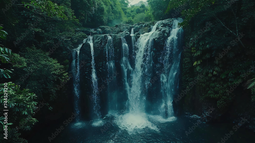 An aerial glimpse into a secluded waterfall hidden within a tropical jungle. - obrazy, fototapety, plakaty 