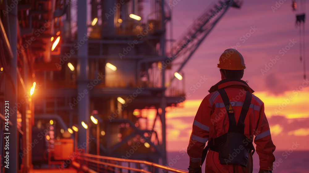 An offshore worker in a hard hat and reflective safety gear gazes out at the sea from an oil rig at sunset. An offshore worker in a hard hat and reflective safety gear gazes out at the sea from an oil rig at sunset.