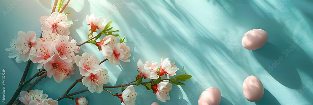 Spring flower natural landscape with white flowers of an apple tree with easter eggs on a blue background Ai Generative