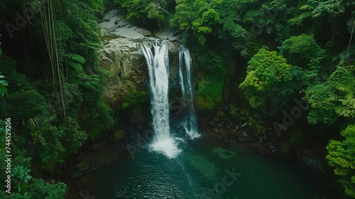 An aerial glimpse into a secluded waterfall hidden within a tropical jungle.