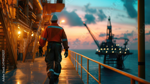 An oil rig worker walks along the platform with an offshore drilling rig in the background during a vibrant sunset. photo
