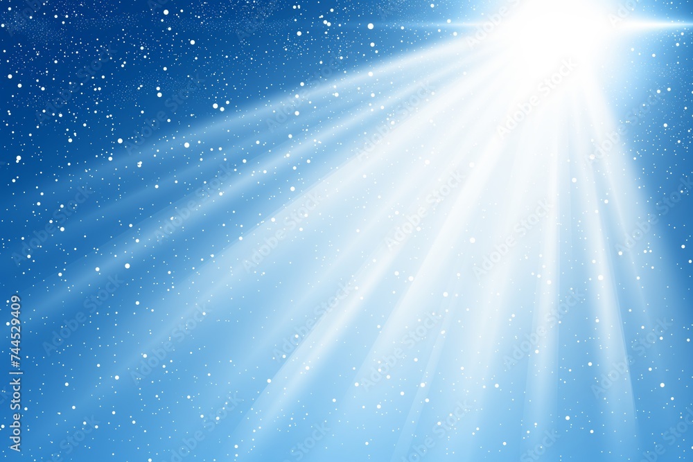 An awe-inspiring image capturing the beauty of sunlight filtering through a clear blue winter sky, spreading rays of light that seem to dance amongst gently falling snowflakes. This serene celestial An awe-inspiring image capturing the beauty of sunlight filtering through a clear blue winter sky, spreading rays of light that seem to dance amongst gently falling snowflakes. This serene celestial