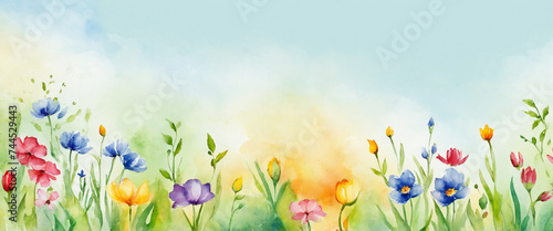 Watercolor illustration background of spring with flowers and copy space for text