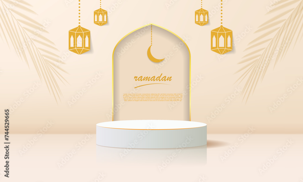 white podium with gold lamp ornaments. desert background and tree shadows. Ramadan theme.