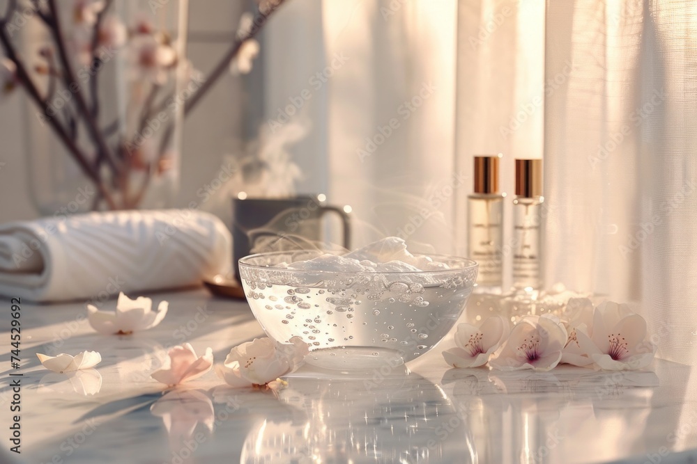 A tranquil morning skincare routine depicted on a sleek marble countertop illuminated by soft, diffused early morning light filtering through a fluttering sheer curtain. - obrazy, fototapety, plakaty 