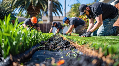 a team of people installing a synthetic grass