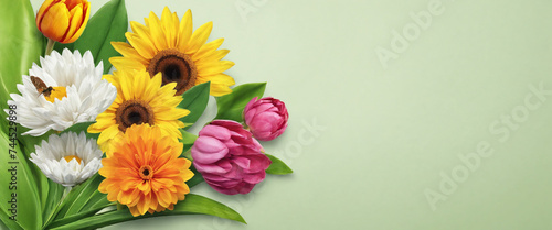 Vibrant and colorful spring background with flowers and copy space for text. Flowers are arranged in a visually appealing manner.