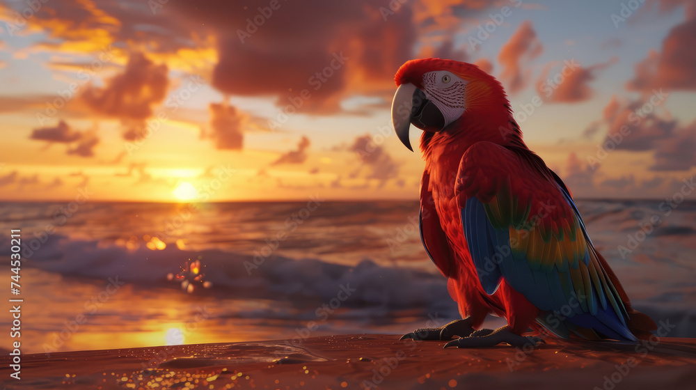 A vibrant scarlet macaw perches on a tropical beach at sunset with the ocean and palm trees in the background. - obrazy, fototapety, plakaty 