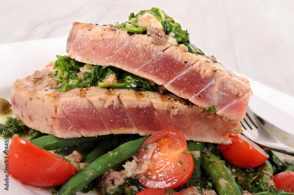 Seared Tuna Steak With Vegetables Close Up
