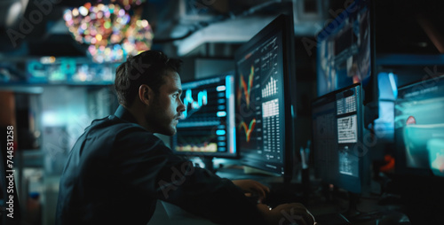 a a financial analyst analyzing data and charts on a computer screen  making informed decisions and recommendations for investments