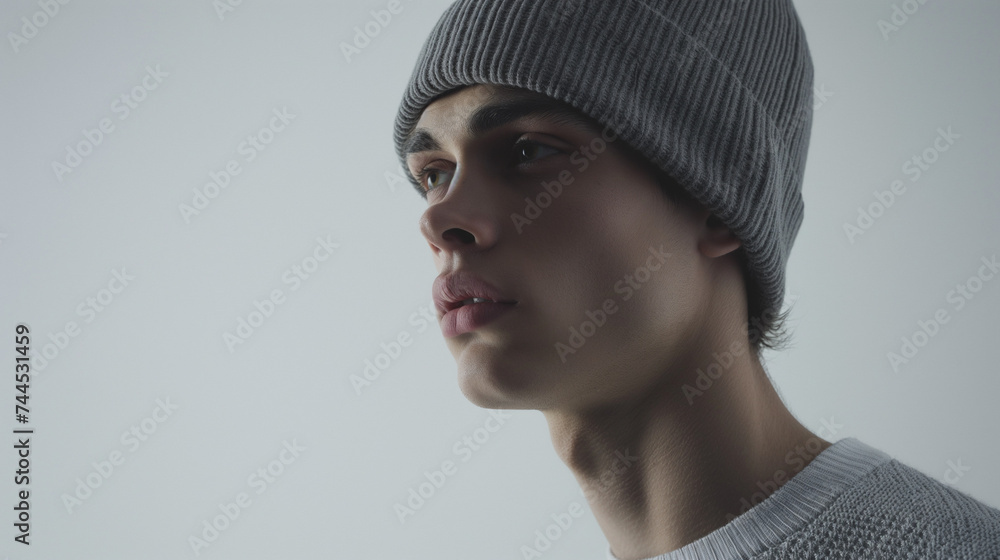portrait of a mannequin wearing a grey beanie hat. Beanie hat mockup for product placement portrait of a mannequin wearing a grey beanie hat. Beanie hat mockup for product placement