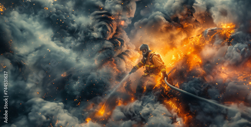 fire in the woods, a striking shot of a firefighter battling a blaze, wielding a hose and wearing protective gear as they work to extinguish flames and save lives  photography  photo