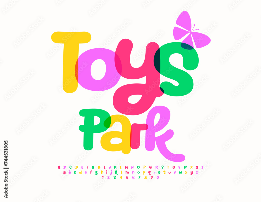 Vector creative sign Toys Park with decorative Butterfly. Creative watercolor Font. Artistic style Alphabet Letters and Numbers set. Vector creative sign Toys Park with decorative Butterfly. Creative watercolor Font. Artistic style Alphabet Letters and Numbers set.