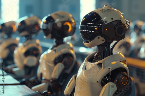 Advanced humanoid robots lined up showcasing artificial intelligence and robotics technology © P