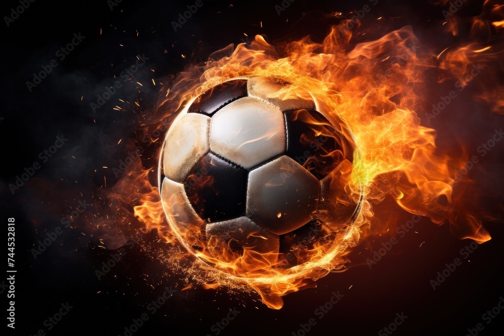 Fototapeta premium Soccer ball with dimensional fire and sparks effect, black background.