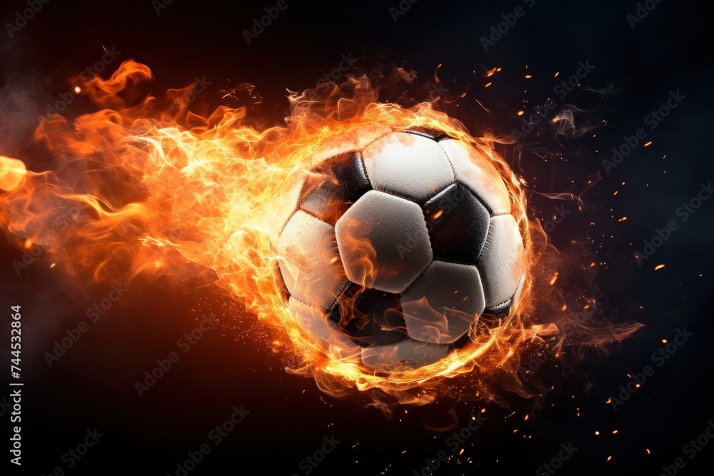 Fototapeta premium Soccer ball with dimensional fire and sparks effect, black background.