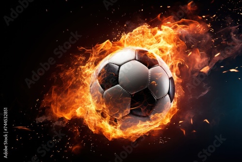Soccer ball with dimensional fire and sparks effect, black background.