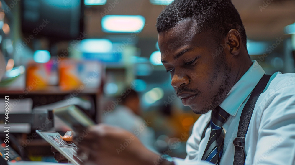 A suave bank employee, effortlessly multitasking as he manages customer transactions with precision and efficiency, his sharp attire and confident demeanor reflecting his expertise A suave bank employee, effortlessly multitasking as he manages customer transactions with precision and efficiency, his sharp attire and confident demeanor reflecting his expertise