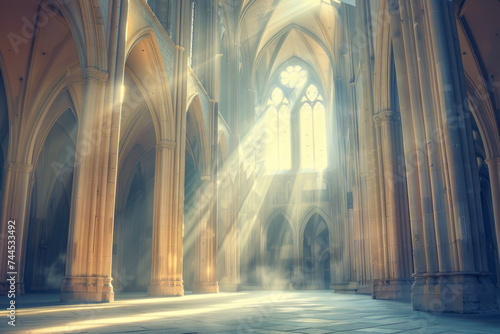 Gothic cathedral interior with towering columns and vaulted ceilings, illuminated by ethereal shafts of light.