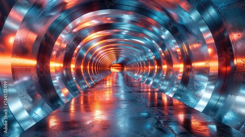 Futuristic Tunnel with Glowing Red Lights and Reflective Surfaces.