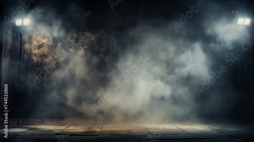 theater spot light with smoke against grunge wall, empty studio dark room, where a grunge texture floor is spotlighted, Theater spot light with smoke against grunge wall, Copy space, Generative Ai